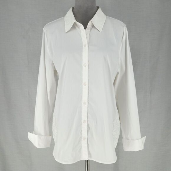 Chicos Top 2 Womens Large 12 White Blouse Cuffed Lace on Sides Buttons Academia - Picture 15 of 16